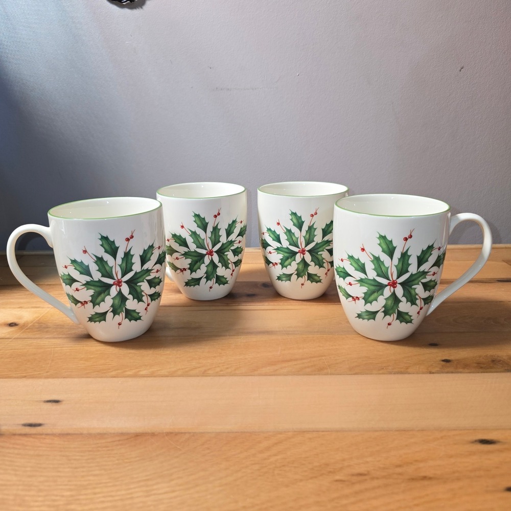 Lenox Holiday Christmas Mugs Set of 4 Holly & Berries Ivory Porcelain 12oz